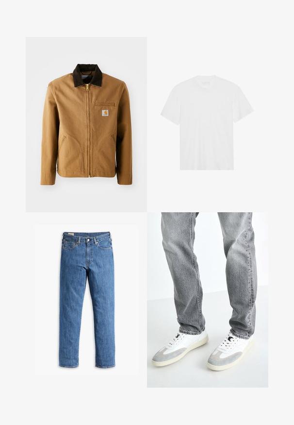 Giacca in canvas marrone con colletto in corduroy marrone scuro, chiusura con zip, taschino sul petto e tasche laterali. Presenta una toppa con logo a sinistra.; T-shirt bianco in cotone con maniche corte, scollatura a girocollo e orlo dritto. Tessuto liscio, design minimalista senza motivi o dettagli.; Jeans in denim blu con taglio dritto, rivetti in rame e design a cinque tasche. Presentano un orlo cucito e una vita classica con passanti per cintura.; Sneakers bianchi con dettagli in suede grigio, chiusura con lacci e suola strutturata, abbinate a jeans denim grigi con vestibilità rilassata.