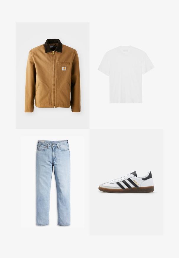 Ruda drobės striukė su tamsiai rudą velveto apykakle, užtrauktuko uždarymu, krūtine kišene ir šoninėmis kišenėmis. Kairėje pusėje yra logotipo pleistras.; Balta medvilninė marškinė su trumpomis rankovėmis, apvaliu kaklu ir tiesiu apvadu. Lygus paviršius, minimalistiškas dizainas be raštų ar akcentų.; Šviesiai mėlyni džinsai su tiesiu iškirpimu, penkių kišenių stiliumi ir tvirtu siuvinėjimu. Savybės: užtrauktukas ir metalinė sagos.; Balti odiniai sportiniai bateliai su juodais zomšos akcentais, trimis juodomis juostelėmis, smėlio spalvos guminiu padu ir auksiniu "SPEZIAL" ženklu šone.