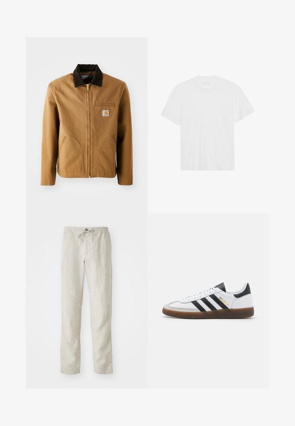 Brun lerretjakke med en mørkebrun cordfløyelskrage, glidelås, brystlomme og sidelommer. Har en logo-patch på venstre side.; Hvit bomulls t-skjorte med korte ermer, rund hals og rett nederkant. Glatt tekstur, minimalistisk design uten mønstre eller detaljer.; Lys beige linbukser med rett ben-design, elastisk midjebånd, justerbar snor og ingen synlige mønstre eller beslag.; Hvit lær sneaker med svarte semsket detaljer, tre svarte striper, beige gummisåle og gull "SPEZIAL" merkingen på siden.