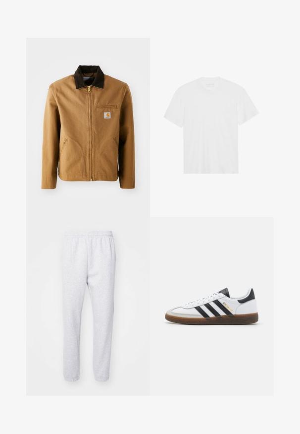Brun lerretjakke med en mørkebrun cordfløyelskrage, glidelås, brystlomme og sidelommer. Har en logo-patch på venstre side.; Hvit bomulls t-skjorte med korte ermer, rund hals og rett nederkant. Glatt tekstur, minimalistisk design uten mønstre eller detaljer.; Lys grå joggebukser laget av myk bomullsblanding, med elastisk midjebånd og tettsittende mansjetter ved anklene. Ingen synlige mønstre eller logoer.; Hvit lær sneaker med svarte semsket detaljer, tre svarte striper, beige gummisåle og gull "SPEZIAL" merkingen på siden.