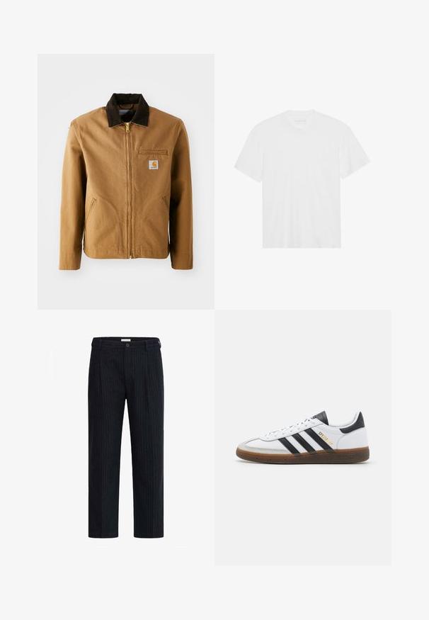 Veste en toile marron avec un col en velours côtelé marron foncé, fermeture éclair, poche poitrine et poches latérales. Présente un patch logo sur la gauche.; T-shirt en coton blanc à manches courtes, col rond et ourlet droit. Texture lisse, design minimaliste sans motifs ni accents.; Pantalons à rayures foncées avec une coupe droite, fermeture à bouton et plis tailleurs, fabriqués à partir d'un tissu texturé.; Baskets en cuir blanc avec des accents en daim noir, trois rayures noires, semelle en caoutchouc beige et marque "SPEZIAL" en doré sur le côté.