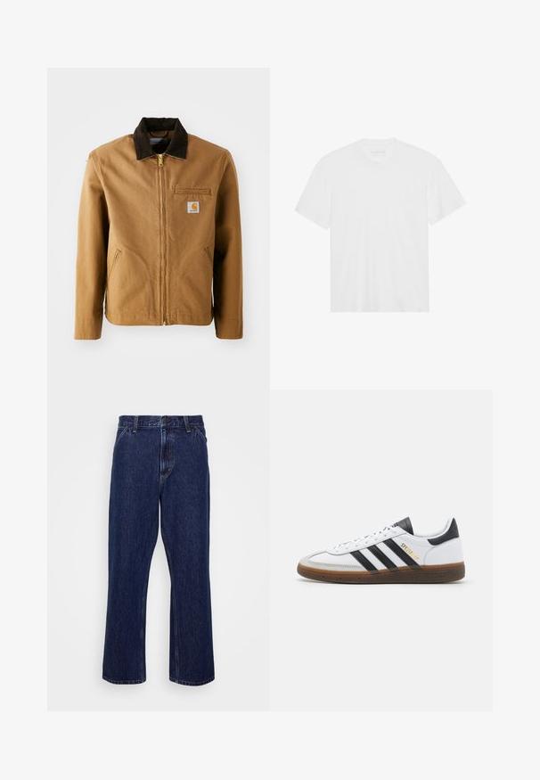 Barna vászonkabát sötétbarna kordbársony gallérral, cipzáras záródással, mellzsebbel és oldalsó zsebekkel. Az előoldalán egy logó folt található bal oldalon.; Fehér pamut póló rövid ujjakkal, kerek nyakkivágással és egyenes aljjal. Sima textúra, minimalista dizájn minta vagy díszítés nélkül.; Sötétkék farmernadrág egyenes lábformával, gombos zárással, öt zsebes stílussal és finom varrási részletekkel.; Fehér bőr sportcipő fekete velúr részletekkel, három fekete csíkkal, bézs gumi talppal és arany "SPEZIAL" felirattal az oldalon.
