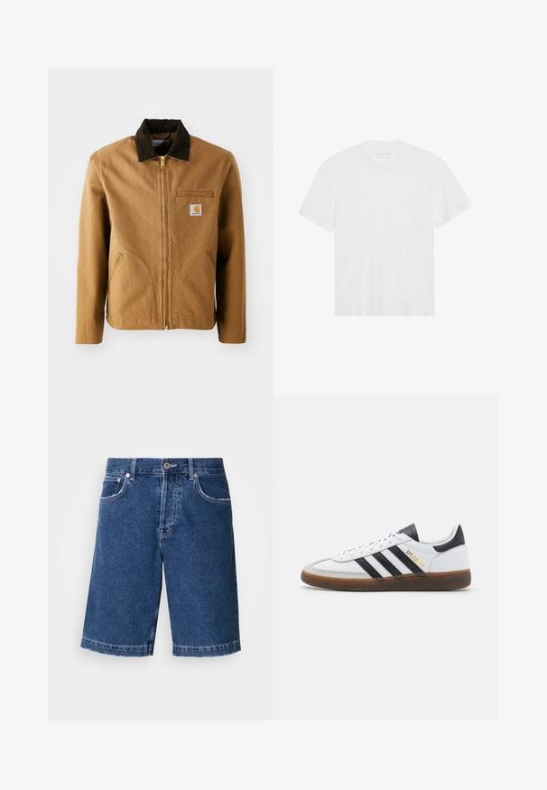 Casaco de lona castanho com colarinho de veludo cotelê castanho-escuro, fecho de zip, bolso no peito e bolsos laterais. Apresenta um emblema no lado esquerdo.; T-shirt de algodão branco com mangas curtas, decote redondo e bainha reta. Textura suave, design minimalista sem padrões ou detalhes.; Calções de ganga em azul escuro, com corte direito, dois bolsos frontais e um fecho clássico com botão. Bainha cosida com ligeira descoloração.; Sapatilha branca em pele com detalhes em camurça preta, três riscas pretas, sola de borracha bege e marcação em dourado "SPEZIAL" na lateral.