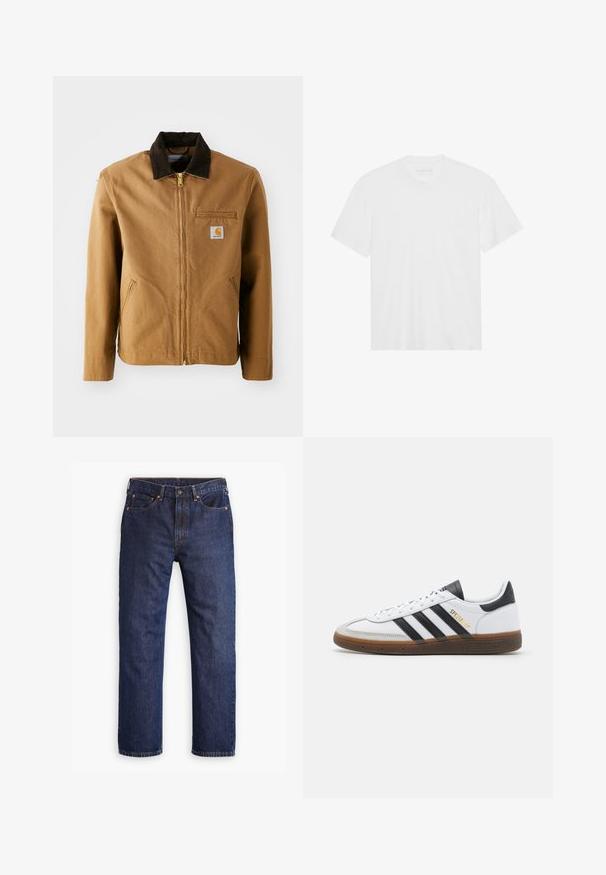 Brun lerretjakke med en mørkebrun cordfløyelskrage, glidelås, brystlomme og sidelommer. Har en logo-patch på venstre side.; Hvit bomulls t-skjorte med korte ermer, rund hals og rett nederkant. Glatt tekstur, minimalistisk design uten mønstre eller detaljer.; Mørkeblå straight-leg denimjeans med frontknapp, glidelås, fem lommer og detaljer med kobbernitter.; Hvit lær sneaker med svarte semsket detaljer, tre svarte striper, beige gummisåle og gull "SPEZIAL" merkingen på siden.