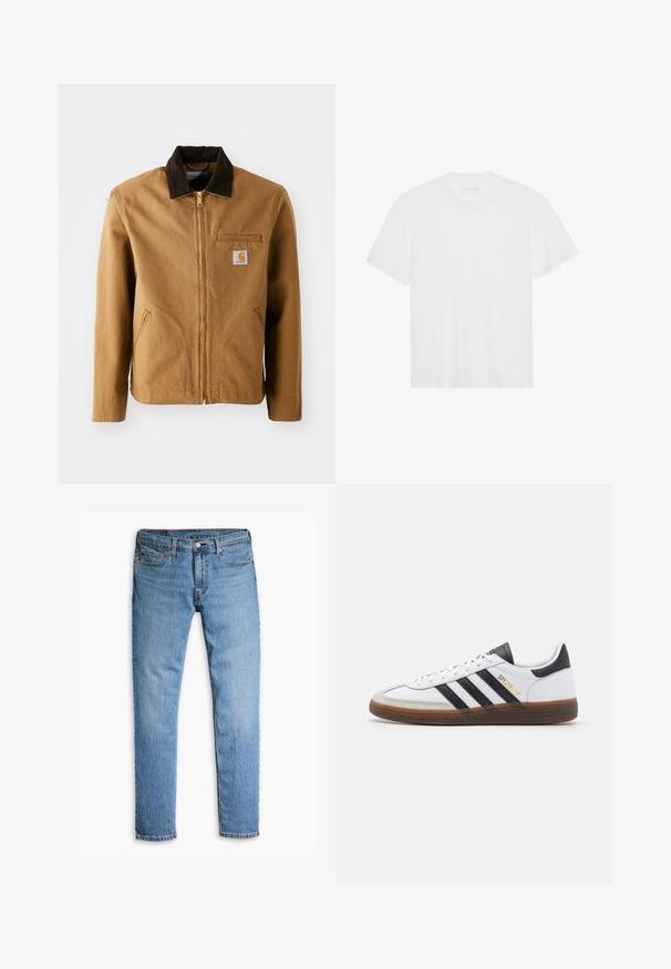 Barna vászonkabát sötétbarna kordbársony gallérral, cipzáras záródással, mellzsebbel és oldalsó zsebekkel. Az előoldalán egy logó folt található bal oldalon.; Fehér pamut póló rövid ujjakkal, kerek nyakkivágással és egyenes aljjal. Sima textúra, minimalista dizájn minta vagy díszítés nélkül.; Világoskék farmernadrág egyenes szárú kialakítással, öt zsebbel, látható varrással és gombos derékkal.; Fehér bőr sportcipő fekete velúr részletekkel, három fekete csíkkal, bézs gumi talppal és arany "SPEZIAL" felirattal az oldalon.