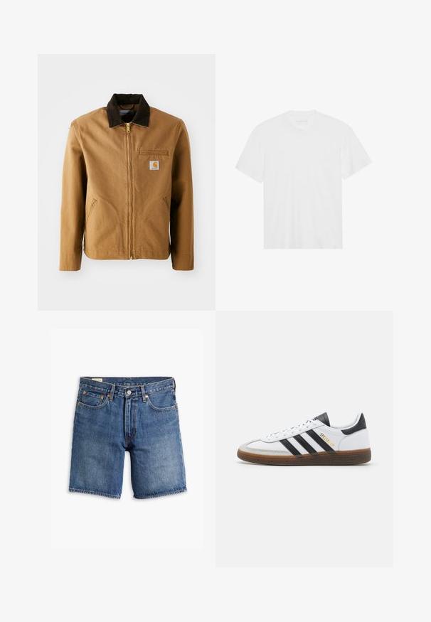 Brązowa kurtka z płótna z ciemno-brązowym kołnierzem z korduroju, z zapięciem na zamek błyskawiczny, kieszenią na piersi i bocznymi kieszeniami. Zawiera naszywkę z logo po lewej stronie.; Biała bawełniana koszulka z krótkim rękawem, okrągłym dekoltem i prostym dołem. Gładka faktura, minimalistyczny design bez wzorów i akcentów.; Jeansowe szorty w średnim niebieskim odcieniu z klasycznym krojem. Posiadają pięć kieszeni, szlufki na pasek oraz mosiężne okucia. Całość zniszczona dla uzyskania efektu vintage.; Białe skórzane sneakersy z czarnymi zamszowymi akcentami, trzema czarnymi paskami, beżową gumową podeszwą i złotym logo "SPEZIAL" na boku.