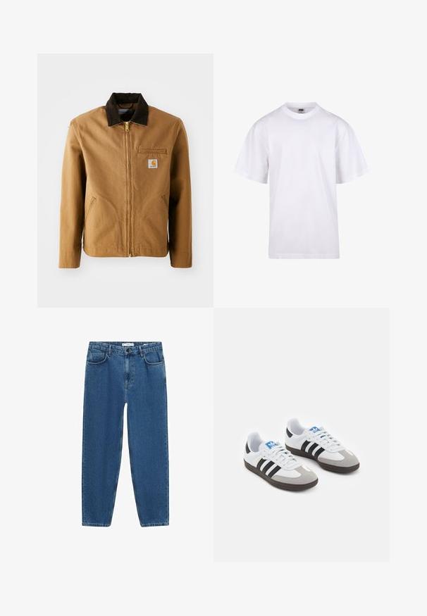 Brun canvasjacka med en mörkbrun manchesterkrage, dragkedjestängning, bröstficka och sidofickor. Har en logotypapplikation på vänster sida.; Vit bomullströja med rund halsringning, korta ärmar och en avslappnad passform. Har en enkel design utan mönster eller accenter.; Ljusblå denimjeans med rak bendesign, som har en klassisk femfickestil och en knäppning i midjan.; Sportskor med överdel i vit läder, grå mocka på tårna och tre svarta ränder. Har en blå logotyp på tungan och en texturerad gummisula.