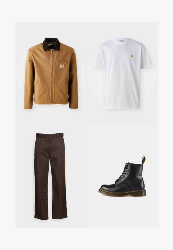 Brown canvas jacket with a dark brown corduroy collar, zip closure, chest pocket, and side pockets. Features a logo patch on the left.; White cotton t-shirt with short sleeves, crew neck, featuring a small gold logo on the left chest area. Soft texture and regular fit.; Brown trousers with a straight-leg cut, featuring a flat front, belt loops, and a smooth texture. Simple design without patterns or accents.; Black leather ankle boot with yellow stitching, lace-up front, rounded toe, and a textured rubber sole. Features a pull tab at the back.