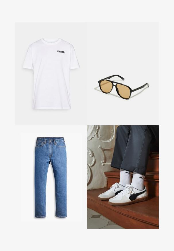 Brązowa kurtka z płótna z ciemno-brązowym kołnierzem z korduroju, z zapięciem na zamek błyskawiczny, kieszenią na piersi i bocznymi kieszeniami. Zawiera naszywkę z logo po lewej stronie.; Biała bawełniana koszulka z krótkim rękawem, okrągłym dekoltem i małą czarno-białą łatą z logo po lewej stronie klatki piersiowej.; Niebieskie dżinsy o prostym kroju, z pięcioma kieszeniami, z zapięciem na guzik i pomarańczowymi przeszyciami na czystym białym tle.; Sneakers Puma w białym i czarnym zamszu, z brązową gumową podeszwą. W połączeniu z białymi skarpetkami z czarnym logo, noszone z ciemnymi spodniami.; Czarne okulary przeciwsłoneczne z brązowymi szkłami; prostokątny kształt z grubą oprawą, z delikatnymi akcentami na zausznikach.; Pięć srebrnych pierścionków: jeden z czarnym okrągłym detalem, jeden z białym i czarnym geometrycznym wzorem, a pozostałe o różnych kształtach i wykończeniach.