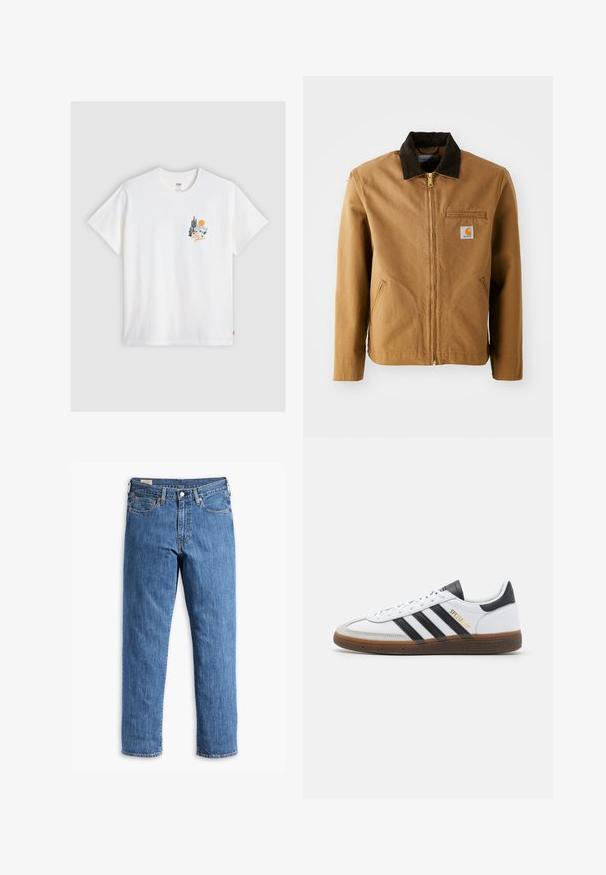 Ruskea kangastakki, jossa on tumma ruskea samettikaulus, vetoketju, rintatasku ja sivutaskut. Vasemmalla puolella on logo-painatus.; Levi's® RELAXED FIT TEE - Printtipaita - bright white; Sininen denimpusero, jossa on suora lahje, kupariset niitit ja viitospussinen muotoilu. Sisältää ommellun helman ja klassisen vyötärön, jossa on vyölenkit.; Valkoiset nahkakengät mustilla mokkanahka yksityiskohdilla, kolme mustaa raitaa, beige kumipohja ja kultainen "SPEZIAL" -brändäys sivussa.