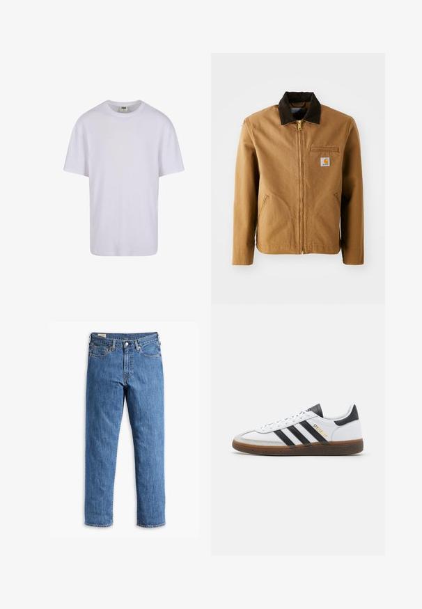 Hnedá plátnená bunda s tmavohnedým kordovým golierom, na zips, hrudná vrecko a postranné vrecká. Na ľavej strane je umiestnený logový nášivka.; Biely bavlnený tričko s okrúhlym výstrihom, krátkymi rukávmi a uvoľneným strihom. Hladká textúra, bez vzorov a minimalistický dizajn.; Modré džínsy s rovnými nohavicami, medenými nitmi a dizajnom s piatimi vreckami. Obsahujú zošitý lem a klasický pás s pútkami na opasok.; Biele kožené tenisky s čiernymi semišovými akcentmi, tromi čiernymi pruhmi, béžovou gumovou podrážkou a zlatým označením "SPEZIAL" na boku.