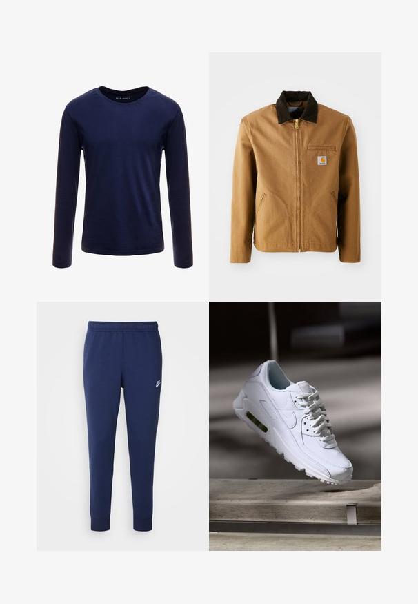 Ruskea kangastakki, jossa on tumma ruskea samettikaulus, vetoketju, rintatasku ja sivutaskut. Vasemmalla puolella on logo-painatus.; Laivastonsininen pitkähihaisen t-paita, joka on valmistettu pehmeästä puuvillasta. Siinä on klassinen pyöreä kaula-aukko ja sileä pinta, jossa ei ole näkyviä kuvioita tai yksityiskohtia.; Tummansininen Nike-housut, jotka on valmistettu pehmeästä puuvillasekoitteesta. Niissä on elastinen vyötärö, kapeat lahkeet ja pieni valkoinen logo sivulla.; Valkoinen nahkasneakers, jossa on teksturoidut pinnat, pehmustettu kaulus ja näkyvä ilmatäyttö pohjassa. Varustettu nauhoilla ja minimalistisella muotoilulla.