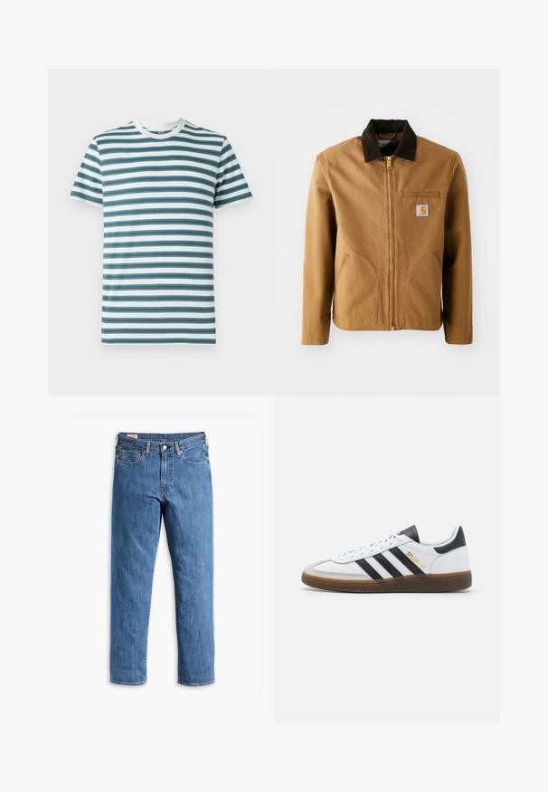 Pruun kangast jope tumepruunist kõrvitsapaelast krae, lukuga sulgemine, rinnatasku ja küljetaskud. Vasakul on logo kinnitus.; Meeste lühikeste varrukatega T-särk, millel on horisontaalsed triibud türkiissinisest, navy sinisest ja valgest. Pehme puuvillane kangas ümmarguse kaelusega ning kontrastse kraega.; Sinised denimpüksid sirge säärega lõikega, vasknuppudega ja viie tasku mudelega. Omab õmblusega äärt ja klassikalist vöökohta vöökohaga.; Valge nahast toss mustade sametdetailidega, kolm musta triipu, beež kummist talla ja kuldse "SPEZIAL" brändinguga küljel.