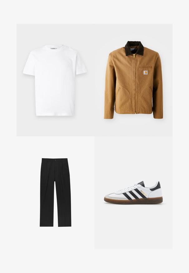 Hnedá plátnená bunda s tmavohnedým kordovým golierom, na zips, hrudná vrecko a postranné vrecká. Na ľavej strane je umiestnený logový nášivka.; Biely bavlnený tričko s okrúhlym výstrihom a krátkymi rukávmi. Obsahuje malé reliéfne logo na ľavej hrudi. Hladká textúra.; Čierne nohavice s rovnými nohavicami, vyrobené z hladkej tkaniny. Majú predné puky a jediné gombíkové zapínanie v páse.; Biele kožené tenisky s čiernymi semišovými akcentmi, tromi čiernymi pruhmi, béžovou gumovou podrážkou a zlatým označením "SPEZIAL" na boku.
