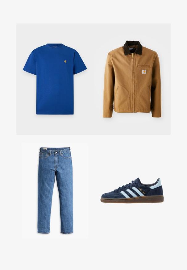 Brązowa kurtka z płótna z ciemno-brązowym kołnierzem z korduroju, z zapięciem na zamek błyskawiczny, kieszenią na piersi i bocznymi kieszeniami. Zawiera naszywkę z logo po lewej stronie.; Niebieska bawełniana koszulka z okrągłym dekoltem, krótkimi rękawami i małym złotym logo na piersi. Gładka tekstura i luźny krój.; Niebieskie dżinsy o prostym kroju nogawki, miedziane nity i pięć kieszeni. Posiadają przyszyty dół oraz klasyczny pasek w talii z szlufkami.; Granatowe zamszowe tenisówki Adidas z jasnoniebieskimi paskami, gumową podeszwą, jasnoniebieską zakładką na pięcie oraz złotym logo "Spezial" po boku.