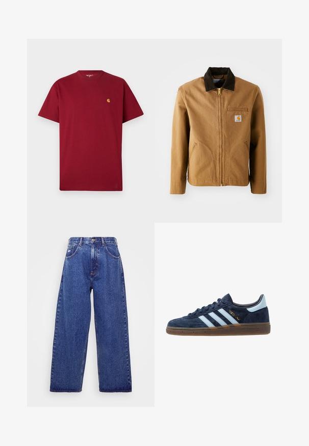 Brown canvas jacket with a dark brown corduroy collar, zip closure, chest pocket, and side pockets. Features a logo patch on the left.; Red cotton t-shirt with a crew neckline, short sleeves, and a small gold logo on the left chest. Soft texture and straight cut design.; Wide-leg, blue denim jeans with a high waist, featuring five pockets, a button closure, and subtle fading for texture.; Navy blue suede Adidas sneaker with light blue stripes, gum sole, light blue heel tab, and gold "Spezial" branding on the side.