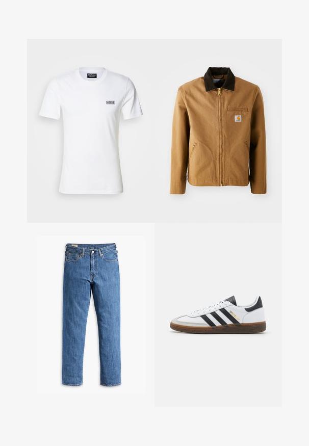 Hnědá plátěná bunda s tmavě hnědým kordovým límcem, zipem, náprsní kapsou a bočními kapsami. Obsahuje nášivku s logem na levé straně.; Bílý bavlněný tričko s krátkými rukávy a kulatým výstřihem. Na levé části hrudi se nachází malé černé logo "Barbour International".; Modré džínové kalhoty s rovně střiženými nohavicemi, měděnými nýty a designem s pěti kapsami. Funkce zahrnují šitý lem a klasický pas s poutky na opasek.; Bílé kožené tenisky s černými semišovými akcenty, třemi černými pruhy, béžovou gumovou podrážkou a zlatým označením "SPEZIAL" na boku.