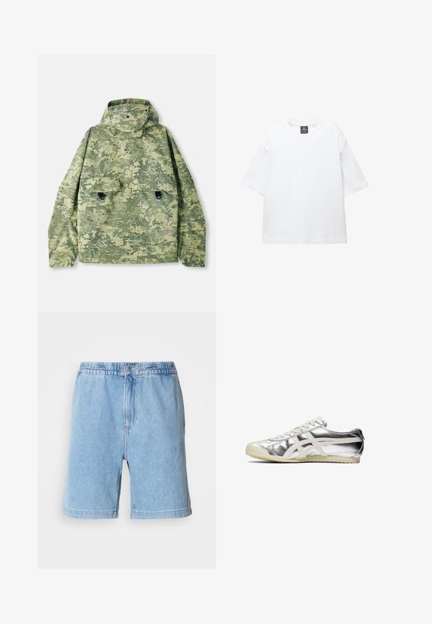 Vihreän sävyinen maastopukujen takki, jossa on huppu, kaksi etutaskua ja teksturoitu kangas. Varustettu napituskiinnityksellä ja irtonaisella leikkauksella.; Valkoinen lyhythihainen T-paita, joka on valmistettu puuvillasta. Paita on pyöreäkauluksinen, väljästi leikattu ja suorahelmainen. Ei kuvioita eikä koristeita.; Vaaleansiniset farkkushortsit, joissa on joustava vyötärö, edessä nappikiinnitys, sivutaskut ja suora leikkaus. Keskipitkä malli, reiden puoliväliin asti.; Hopeapintainen metallinen lenkkari valkoisilla yksityiskohdilla ja nauhoilla. Varustettu teksturoidulla pinnalla, pyöristävällä kärjellä ja kumipohjalla, jossa on kuvioita pitoa varten.