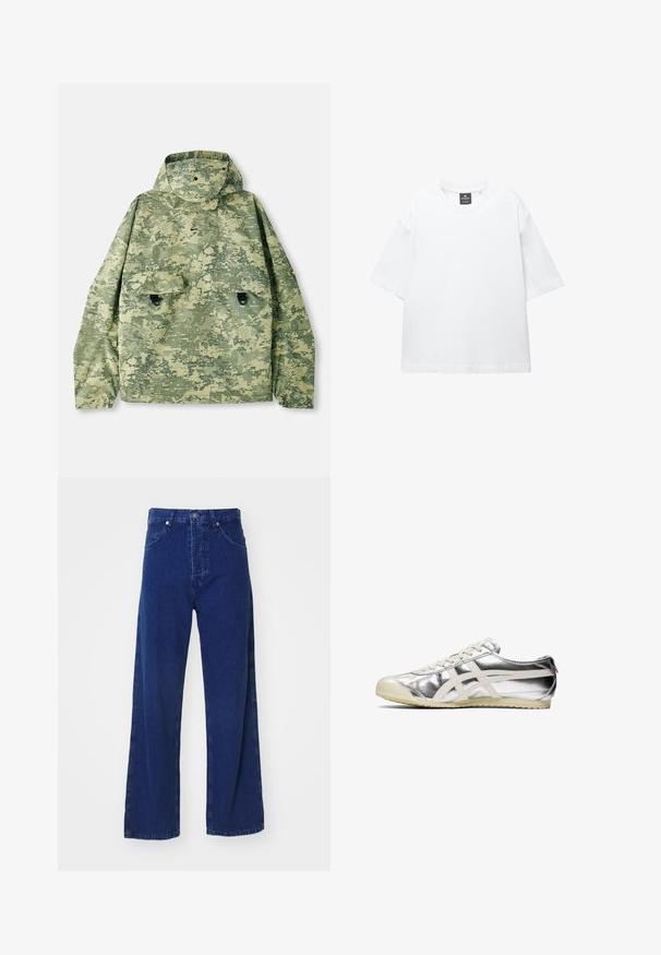 Kurtka w kamuflażu w odcieniach zieleni z kapturem, dwiema przednimi kieszeniami oraz teksturowanym materiałem. Posiada zatrzaski i luźny krój.; Biała krótka koszulka z krótkim rękawem, wykonana z bawełny, z okrągłym dekoltem i luźnym fasonem oraz prostym dołem. Bez wzorów ani ozdób.; Szerokie niebieskie dżinsy z wysokim stanem, z przednimi kieszeniami i zapięciem na guziki. Gładka tekstura i minimalne detale przeszycia.; Srebrne metaliczne sneakersy z białymi akcentami i sznurowadłami. Posiadają teksturowaną powierzchnię, zaokrąglony czubek i gumową podeszwę z wzorem zapewniającym przyczepność.