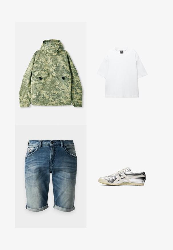 Maskovací bunda v odstínech zelené s kapucí, dvěma předními kapsami a texturovanou tkaninou. Disponuje cvočkovými zapínáními a volným střihem.; Bílý krátký rukáv tričko vyrobené z bavlny, s kulatým výstřihem a volným střihem se rovním lemem. Bez vzorů nebo zdobení.; Denimové šortky v vybledlé modré barvě s mírně opotřebovanou texturou. Mají ohrnuté lemy, přední kapsy a klasické zapínání na knoflík.; Stříbrná metalická teniska s bílými akcenty a šňůrkami. Disponuje texturovaným povrchem, zaoblenou špičkou a gumovou podrážkou s vzorem pro lepší přilnavost.