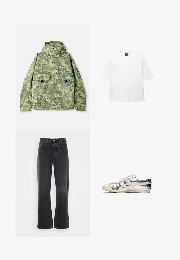 Vihreän sävyinen maastopukujen takki, jossa on huppu, kaksi etutaskua ja teksturoitu kangas. Varustettu napituskiinnityksellä ja irtonaisella leikkauksella.; Valkoinen lyhythihainen T-paita, joka on valmistettu puuvillasta. Paita on pyöreäkauluksinen, väljästi leikattu ja suorahelmainen. Ei kuvioita eikä koristeita.; Mustat leveälahkeiset farkut, joissa on klassinen viisi-taskuinen muotoilu, metallinen napitus ja hienovarainen haalistuminen etupuolella.; Hopeapintainen metallinen lenkkari valkoisilla yksityiskohdilla ja nauhoilla. Varustettu teksturoidulla pinnalla, pyöristävällä kärjellä ja kumipohjalla, jossa on kuvioita pitoa varten.