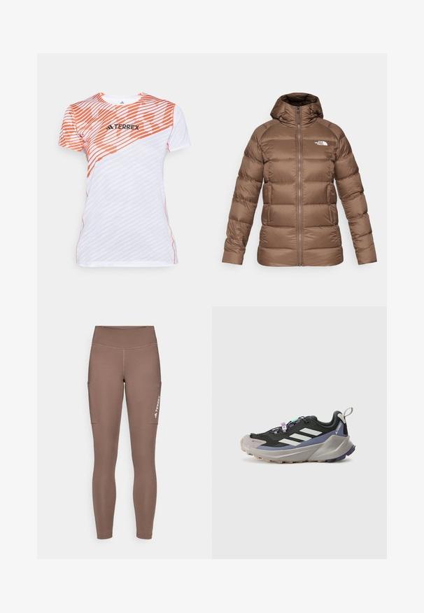 Brązowa ocieplana zimowa kurtka z kapturem, zamek błyskawiczny, kieszenie boczne oraz białe logo The North Face na klatce piersiowej.; Biała i pomarańczowa koszulka sportowa z krótkim rękawem w diagonalny pasek z logo "TERREX" na wysokości klatki piersiowej.; Brązowe legginsy sportowe z wysokim stanem, posiadające boczne kieszenie i białe logo. Gładki, elastyczny materiał zapewniający komfort i swobodę ruchów.; Czarne buty sportowe z cholewką Gore-Tex, białymi paskami, fioletowymi akcentami, grubą szaro-skalą podeszwą środkową oraz teksturowaną szaro-skalą podeszwą zewnętrzną dla lepszej przyczepności.