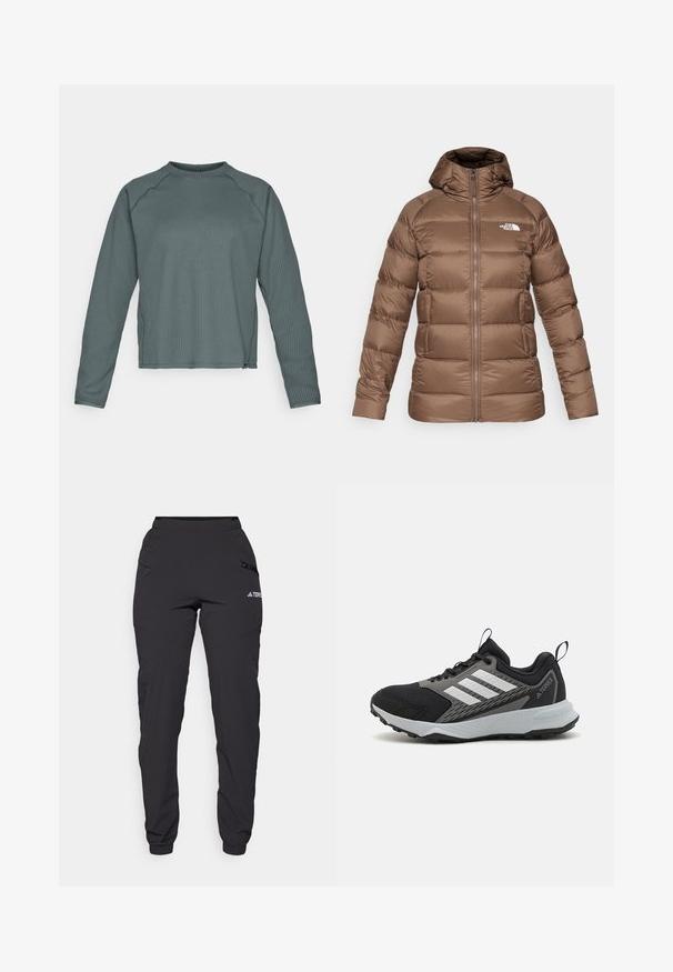 Brown padded winter jacket with hood, zip closure, side pockets, and white The North Face logo on chest.; Long-sleeved, crew-neck top in textured dark teal fabric, featuring ribbed pattern and slightly cropped hem.; Black waterproof pants with an elastic waistband, zippered side pockets, tapered legs, and ribbed cuffs at the ankles. Features logo accents.; Black athletic shoe with gray accents, featuring a textured mesh upper, three white stripes, and a rubber outsole for traction.