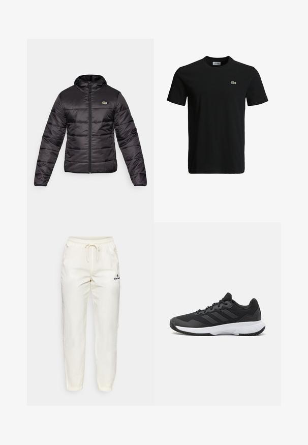 A fekete pufi dzseki kapucnival, cipzáros záródással és vízszintes steppeléssel rendelkezik. Az anyaga fényes, és egy kis zöld logó található a mellkasán.; Fekete pamut póló kerek nyakkivágással, rövid ujjakkal és egy kis zöld krokodil logóval a bal mellen. Sima textúra, laza dizájn.; Krém színű, könnyű anyagú nadrág rugalmas derékrésszel és zsinórral. Kónuszos lábakkal és egy apró fekete logóval rendelkezik.; Fekete sportcipő, amely texturált felsőrésszel, három vízszintes csíkkal és mintázott talppal ellátott fehér talppal rendelkezik. Könnyű és áramvonalas dizájn.