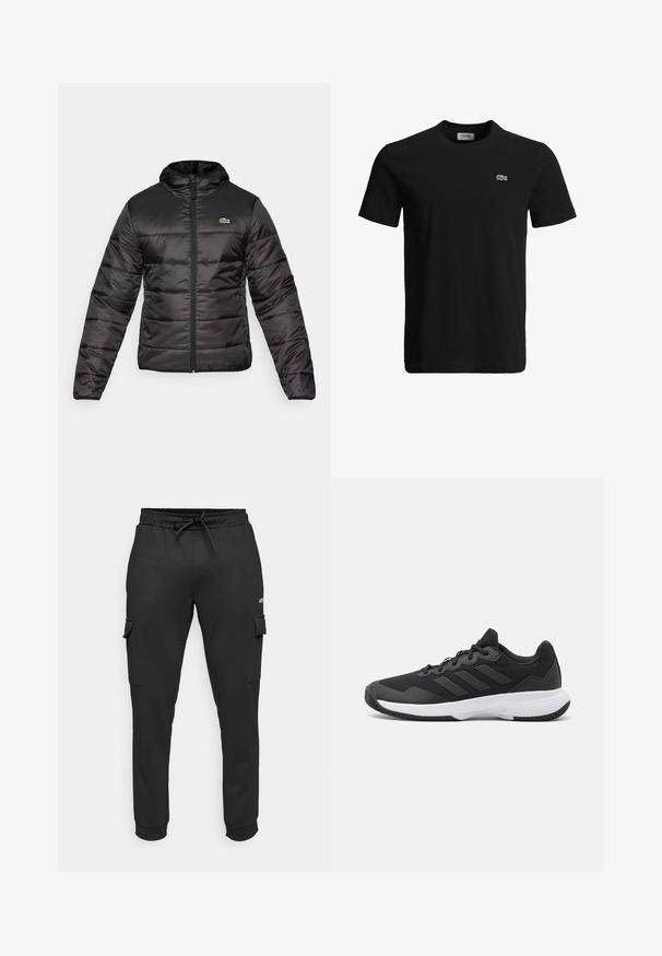 Il giubbotto imbottito nero presenta un cappuccio, chiusura con zip e trapuntatura orizzontale. Il materiale è lucido con un piccolo logo verde sul petto.; T-shirt in cotone nero con colletto rotondo, maniche corte e un piccolo logo di coccodrillo verde sul lato sinistro del petto. Texture liscia, design casual.; Jack & Jones Performance JPSTGORDON JJBASIC ICE CARGO PANTS - Pantaloni - black; Scarpa da ginnastica nera con parte superiore texturizzata, tre strisce orizzontali e una suola bianca con battistrada a motivo. Design leggero e aerodinamico.