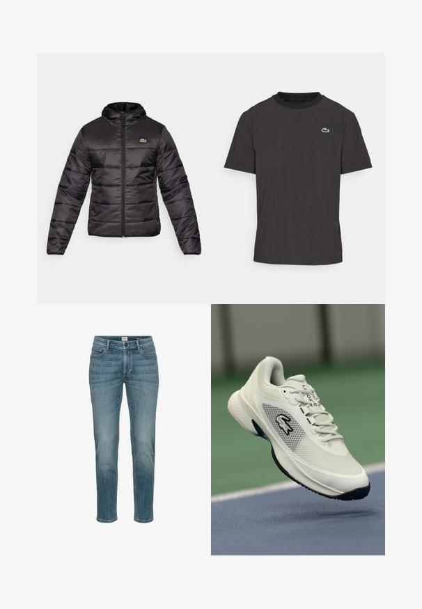 Die schwarze Pufferjacke verfügt über eine Kapuze, einen Reißverschluss und horizontale Steppnähte. Das Material ist glänzend und hat ein kleines grünes Logo auf der Brust.; Schwarzes T-Shirt mit kurzen Ärmeln aus weichem Stoff, mit rundem Halsausschnitt und kleinem grünen Krokodil-Logo auf der linken Brust.; Hellblaue Jeans aus Denim mit regulärer Passform. Verfügt über fünf Taschen, Gürtelschlaufen und subtile Nahtdetails. Glatte Textur, gerades Bein Design.; Weißer Sportsneaker mit Obermaterial aus Mesh, schwarzen Akzenten, strukturiertem Sohle und prominentem Logo an der Seite, vor einem Platzhintergrund präsentiert.