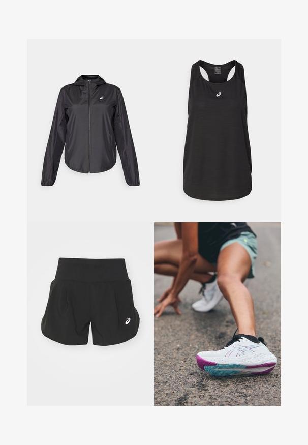 Schwarze, leichte Jacke mit durchgehendem Reißverschluss, Kapuze und elastischen Bündchen. Hergestellt aus glattem, glänzendem Stoff. Verfügt über ein Logo auf der Brust.; Schwarzes sportliches Tanktop aus leichtem Material. Mit rundem Halsausschnitt, Racerback-Design und kleinem weißen Logo auf der Vorderseite.; Schwarze Sportshorts mit einem breiten Bund, plissiertem Design und einem kleinen weißen Logoakzent auf der unteren linken Seite. Weiches, leichtes Material.; ASICS GEL-NIMBUS 26 - Laufschuh Straße - white/soothing sea