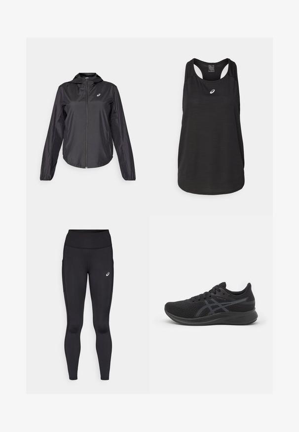 Black lightweight jacket with a full zipper, hood, and elastic cuffs. Made of smooth, shiny fabric. Features a logo on the chest.; Black athletic tank top made of lightweight fabric. Features a round neckline, racerback design, and a small white logo on the front.; Black leggings with a high waistband, made from smooth, stretchy material. Features a subtle logo on the thigh and side pockets.; ASICS PATRIOT 13 - Road running shoes - black/carrier grey