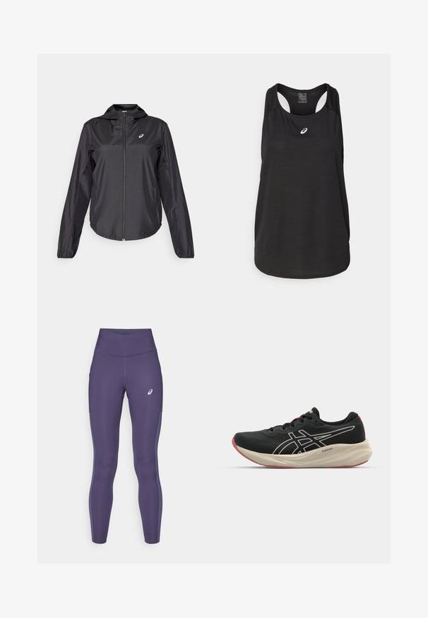 Schwarze, leichte Jacke mit durchgehendem Reißverschluss, Kapuze und elastischen Bündchen. Hergestellt aus glattem, glänzendem Stoff. Verfügt über ein Logo auf der Brust.; Schwarzes sportliches Tanktop aus leichtem Material. Mit rundem Halsausschnitt, Racerback-Design und kleinem weißen Logo auf der Vorderseite.; ASICS CORE - Lauftights - indigo fog; Schwarzer Sportschuh mit einem Obermaterial aus Mesh und weißen Akzenten. Verfügt über eine gepolsterte Mittelsohle und ein rotes Außensohlen-Detail. Leichtes Design.