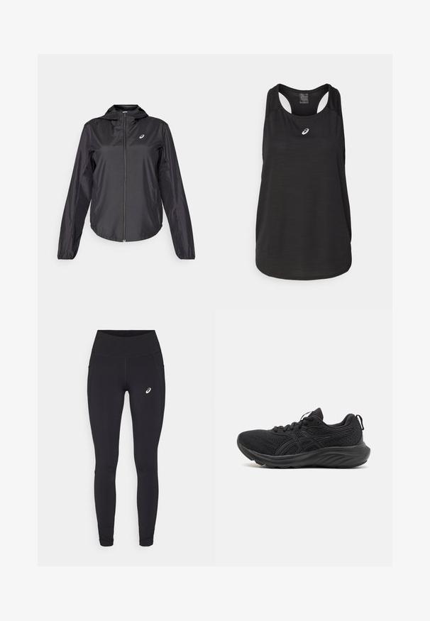 Czarna, lekka kurtka z pełnym zamkiem błyskawicznym, kapturem i elastycznymi mankietami. Wykonana z gładkiego, błyszczącego materiału. Posiada logo na piersi.; Czarny sportowy top na ramiączkach wykonany z lekkiego materiału. Posiada okrągły dekolt, plecy w stylu wyścigowym oraz małe białe logo z przodu.; ASICS NAGINO RUN czarny; Czarne buty sportowe z przewiewną siateczką na cholewce, usztywnioną podeszwą, okrągłym czubkiem i nierówną powierzchnią. Posiadają czarne sznurowadła i detale logo.