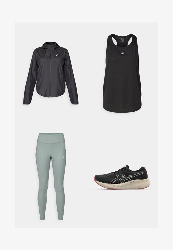 Svart lett jakke med hel glidelås, hette og elastiske mansjetter. Laget av glatt, glinsende stoff. Har en logo på brystet.; Svart treningssinglet laget av lett stoff. Har rund halslinning, racerback-design og en liten hvit logo på fronten.; ASICS CORE - Løpetights - monument blue; Svart løpesko med mesh-overdel og hvite detaljer. Har en polstret mellomsåle og røde såledetaljer. Lett design.