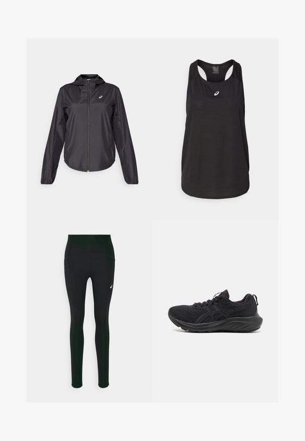 Musta kevyt takki, jossa on täysipitkä vetoketju, huppu ja elastiset hihansuut. Valmistettu sileästä, kiiltävästä kankaasta. Rinnassa on logo.; Mustat urheilulliset hihaton paita, joka on valmistettu kevyestä kankaasta. Siinä on pyöreä kaula-aukko, urheilullinen selkämuotoilu ja pieni valkoinen logo edessä.; Mustat legginsit korkealla vyötäröllä, joissa on sileä pinta ja sivutaskut. Huomaamattomat heijastavat yksityiskohdat ja logo. ; Mustat urheilukengät, joissa on hengittävä verkkopinta, muotoiltu pohja, pyöreä kärki ja teksturoitu pinta. Varustettu mustilla nauhoilla ja logotiedoilla.