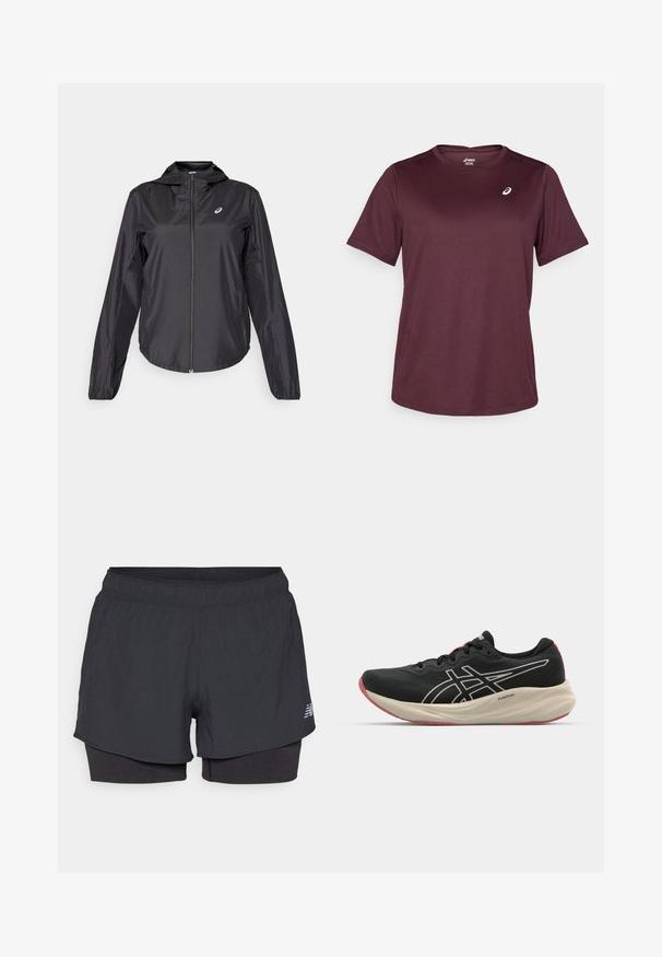 Čierna ľahká bunda s plným zipom, kapucňou a elastickými manžetami. Vyrobená z hladkej, lesklej tkaniny. Obsahuje logo na hrudi.; Bordový športový tričko vyrobené z priedušnej tkaniny, s krátkymi rukávmi a okrúhlym výstrihom, s malým logom na hrudi.; Čierne športové šortky s vnútornou podšívkou, majú elastický pás, hladkú textúru a reflexné logo na boku.; Čierna bežecká obuv s vrchnou časťou z mriežky a bielymi akcentmi. Obsahuje vyžarovaný stredný podrážku a červené detaily na podrážke. Ľahká konštrukcia.