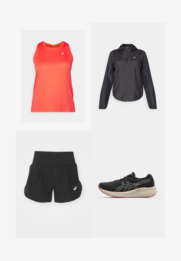 Svart lett jakke med hel glidelås, hette og elastiske mansjetter. Laget av glatt, glinsende stoff. Har en logo på brystet.; Lys rød idrettstopp med rund hals, laget av lett, teksturert stoff; har en liten logo på øvre venstre side.; Sorte atletisk shorts med bred midjebånd, plisserte detaljer og en liten hvit logo på nederste venstre side. Mykt, lett materiale.; Svart løpesko med mesh-overdel og hvite detaljer. Har en polstret mellomsåle og røde såledetaljer. Lett design.