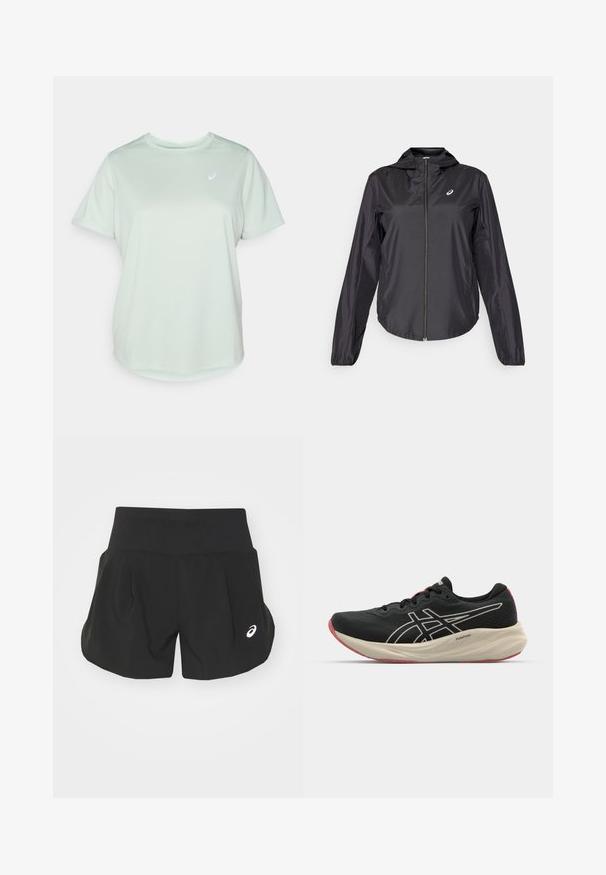 Musthave kerge must jakk, millel on täispikk tõmblukk, kapuuts ja elastsed mansetid. Valmistatud siledast, läikivast kangast. Rinnaosas on logo.; Kerge roheline sportlik T-särk, mis on valmistatud hingavast kangast, ümmarguse kaeluse, lühikeste varrukate ja väikese logoga vasakus ülanurgas.; Mustad mustrokid, laia vöökoht, pleekud disain ja väike valge logo aktsent vasakul alakul. Pehme, kerge materjal.; Musthave mustuskingad, millel on võrkkangas ülakeha ja valged detailid. Omab pehmendatud vahetald ja punaseid detailid tallal. Kerge disain.