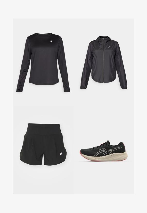 Black lightweight jacket with a full zipper, hood, and elastic cuffs. Made of smooth, shiny fabric. Features a logo on the chest.; Black long-sleeve athletic shirt made of lightweight fabric. Features a round neckline and a small logo on the chest. Smooth texture.; Black athletic shorts with a wide waistband, pleated design, and a small white logo accent on the lower left side. Soft, lightweight material.; Black running shoe with a mesh upper and white accents. Features a cushioned midsole and red outsole detail. Lightweight design.