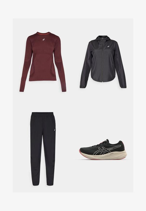 Czarna, lekka kurtka z pełnym zamkiem błyskawicznym, kapturem i elastycznymi mankietami. Wykonana z gładkiego, błyszczącego materiału. Posiada logo na piersi.; Sportowa koszulka z długim rękawem w kolorze burgundowym z okrągłym dekoltem oraz teksturowanym wzorem. Posiada kontrastujące pomarańczowe wykończenie wewnętrzne oraz logo na piersi.; Czarne spodnie sportowe z elastycznym paskiem w talii, zwężanymi nogawkami z mankietami, wykonane z lekkiego, gładkiego materiału oraz z małym logo na udzie.; Czarne buty do biegania z siateczkową cholewką i białymi akcentami. Posiadają amortyzowaną podeszwę środkową oraz czerwony detal na podeszwie. Lekka konstrukcja.