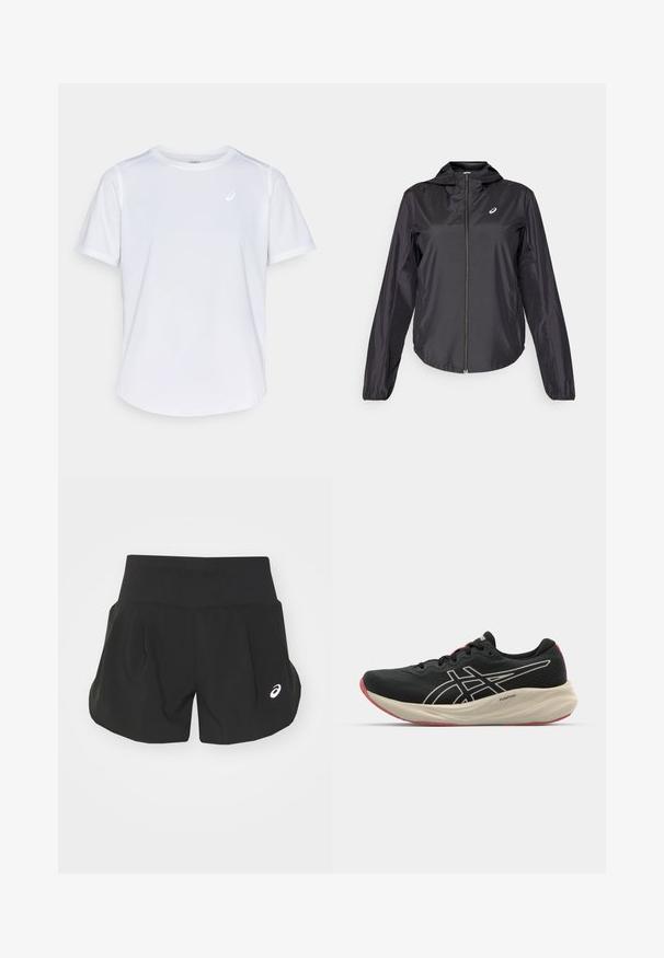 Črna lahka jakna z dolgim zadrgo, kapuco in elastičnimi manšetami. Narejena iz gladkega, sijočega materiala. Na prsih ima logotip.; Bela športna majica, kratki rokavi, krožni ovratnik, izdelana iz tkanine, ki odvaja vlago, z majhnim logotipom na prsih, lahka tekstura.; Črne športne kratke hlače s širokim pasom, nabranim dizajnom in majhnim belim logotipom na spodnjem levem delu. Mehka, lahka tkanina.; Črne tekaške copate z mrežasto zgornjim delom in belimi detajli. Imajo udobno srednjo podplato in rdeč podplat. Lahka zasnova.