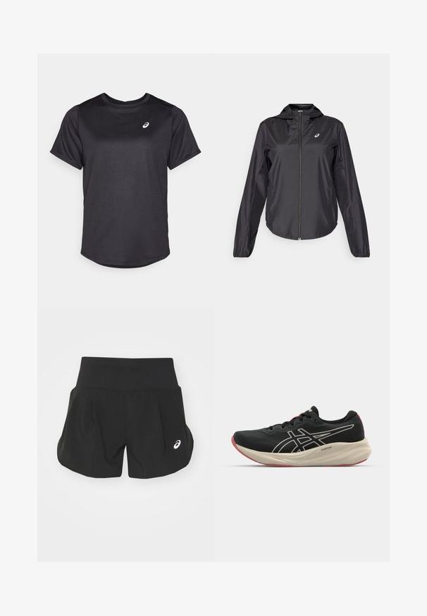 Musthave kerge must jakk, millel on täispikk tõmblukk, kapuuts ja elastsed mansetid. Valmistatud siledast, läikivast kangast. Rinnaosas on logo.; Must musta T-särk, mis on valmistatud sileda, niiskust eemaldava kangaga. Omab ümarat kaelust ja lühikesi varrukaid. Vasakul rinnal on valge logo.; Mustad mustrokid, laia vöökoht, pleekud disain ja väike valge logo aktsent vasakul alakul. Pehme, kerge materjal.; Musthave mustuskingad, millel on võrkkangas ülakeha ja valged detailid. Omab pehmendatud vahetald ja punaseid detailid tallal. Kerge disain.