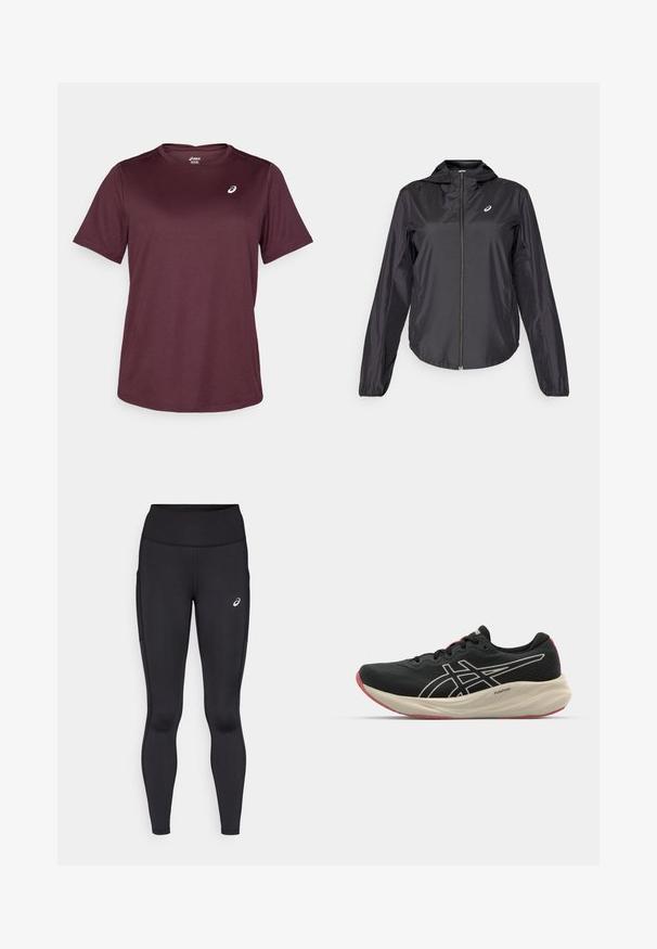 Musthave kerge must jakk, millel on täispikk tõmblukk, kapuuts ja elastsed mansetid. Valmistatud siledast, läikivast kangast. Rinnaosas on logo.; Burgundi värvi sportlik T-särk, mis on valmistatud hingavast kangast, lühikeste varrukate ja ümarate kaelustega, rinnal on väike logo detail.; Mustad kõrge vöökoha ja sujuva, elastse materjaliga mustad retuusid. Tooteid iseloomustab diskreetne logo reitel ja küljetaskud.; Musthave mustuskingad, millel on võrkkangas ülakeha ja valged detailid. Omab pehmendatud vahetald ja punaseid detailid tallal. Kerge disain.