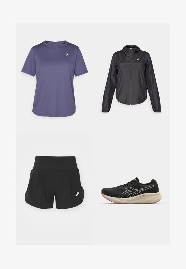 Black lightweight jacket with a full zipper, hood, and elastic cuffs. Made of smooth, shiny fabric. Features a logo on the chest.; Deep purple athletic t-shirt, round neckline, short sleeves, made of textured fabric, featuring a small white logo on the left chest area.; Black athletic shorts with a wide waistband, pleated design, and a small white logo accent on the lower left side. Soft, lightweight material.; Black running shoe with a mesh upper and white accents. Features a cushioned midsole and red outsole detail. Lightweight design.