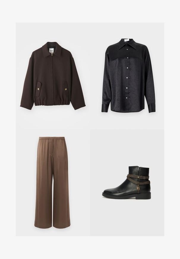 Donkerbruine jas met een rits aan de voorkant, wijde kraag, twee opgestikte zakken met gouden knopen en een elastische onderrand. Gemaakt van een gladde stof.; Zwarte blouse met lange mouwen en een kraag, voorzien van een gekreukt oppervlak, volwaardige knopen aan de voorkant en manchetten. Gemaakt van een gladde stof.; Bruine wijde broek met elastische tailleband en gladde stof, weergegeven tegen een effen witte achtergrond.; Zwarte leren enkelboot met een platte zool, voorzien van een bruine gestructureerde riem en details in goudkleurige hardware. Glad textuur.