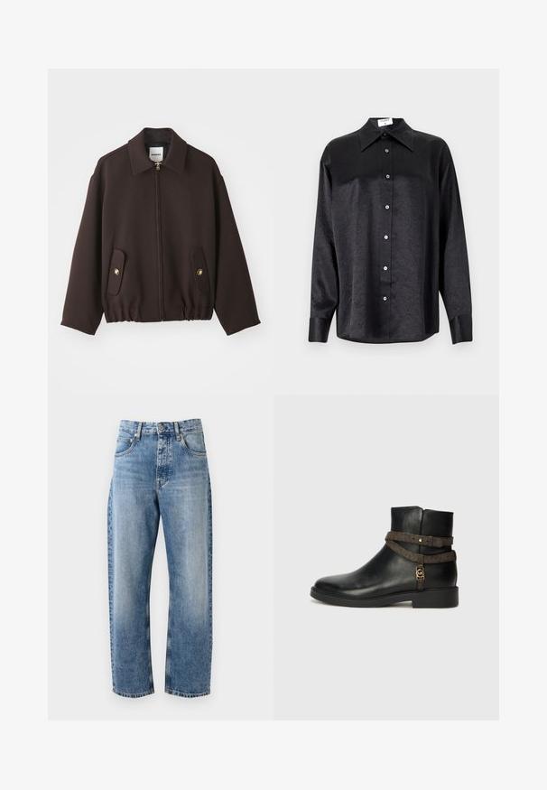 Sötétbarna kabát, cipzárral elöl, széles gallérral, két foltvarrott zsebbel aranygombokkal, és elasztikus aljjal. Simább anyagból készült.; Fekete, hosszú ujjú ing, galléros nyakkal, gyűrött textúrával, teljes gombos elejével és mandzsettákkal. Simaságú anyagból készült.; Világoskék farmernadrág laza fazonú, egyenes lábakkal, öt zsebes kialakítással, rézszínű kiegészítőkkel és kopott hatással rendelkezik.; Fekete bőr bokacsizma lapos talppal, barna mintás pánttal és aranyszínű fém részletekkel. Simább felület.