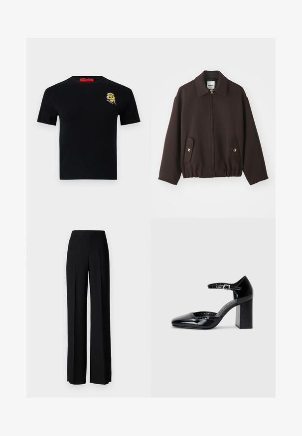Tmavohnedá bunda so zipsom vpredu, rozšíreným golierom, dvoma vreckami s klopou s zlatými gombíkmi a elastickým lemom. Vyrobená z hladkej tkaniny.; Čierny krátky rukáv sveter s okrúhlym výstrihom. Obsahuje detailne vyšívané hadie logo v zlatej a čiernej farbe na ľavej strane hrudníka.; Čierne široké nohavice s hladkým povrchom, s vysokým pásom a stredovými skladmi. Žiadne viditeľné vzory ani hardvérové detaily.; Čierne lakované dámske topánky na vysokom opätku so štvorcovou špičkou, remienkom okolo členku a masívnym opätkom. Obsahuje perforované detaily pozdĺž lemu.