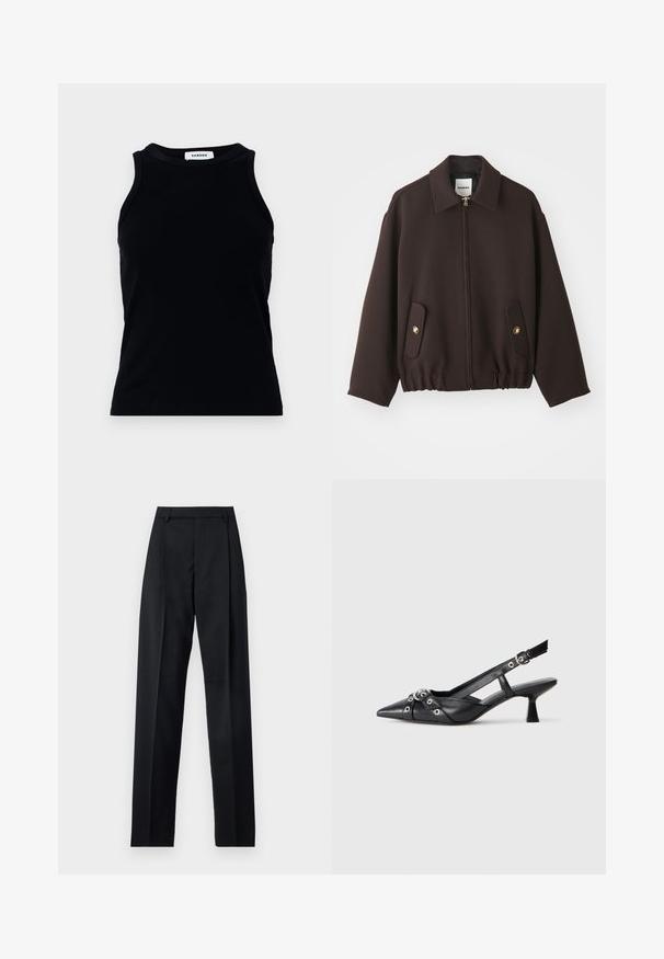 Veste marron foncé avec fermeture éclair sur le devant, col évasé, deux poches plaquées avec des boutons dorés, et ourlet élastique. Fabriquée en tissu lisse.; Débardeur noir à côtes avec un col rond et de larges bretelles. Ne présente ni ornements ni motifs. Texture lisse.; Pantalon noir en tissu lisse avec taille haute, jambes larges, plis à l'avant et passants de ceinture classiques. Pas de poches latérales visibles.; Chaussure slingback en cuir noir avec un bout pointu, des sangles décoratives avec œillets en métal et un petit talon carré. Surface texturée.