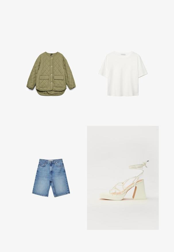 Giacca trapuntata verde oliva, colletto rotondo, chiusura frontale con bottoni, due tasche a patta, texture morbida, spalle scese e orlo leggermente curvato sul retro.; T-shirt bianco a maniche corte realizzato in cotone. Presenta un collo tondo e una vestibilità rilassata. Texture liscia senza motivi o dettagli visibili.; Shorts in denim blu chiaro, caratterizzati da un classico design a cinque tasche, chiusura con zip e leggero effetto sbiadito. Taglio dritto con bordi rifiniti.; Sandalo bianco con tacco alto, caratterizzato da un design a cinturini e un legaccio alla caviglia. Texture liscia con una piattaforma frontale per un'altezza aggiuntiva.